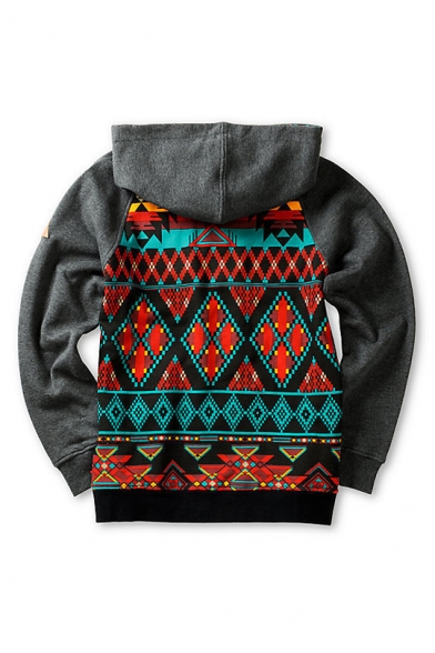 Hot Fashion Geometric Printed Long Sleeve Loose Fitted Gray Hoodie