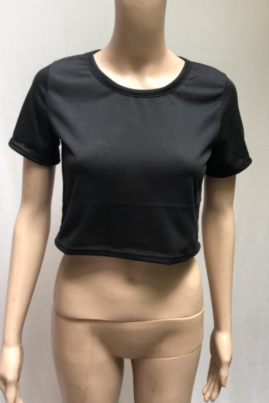 Hot Fashion Round Neck Short Sleeve Basic Solid Cropped Slim T-Shirt