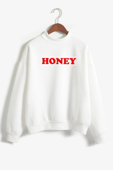 Hot Popular Letter HONEY Pattern Mock Neck Long Sleeve Pullover Loose Sweatshirt