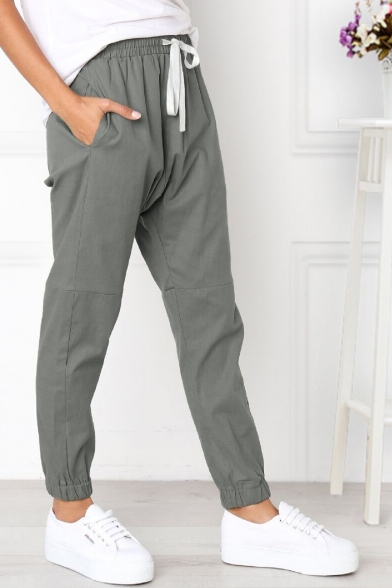 Leisure Plain Elastic Drawstring Waist Cropped Pants for Girls
