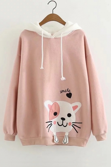 Lovely Cartoon Cat SMILE Letter Embroidered Long Sleeve Loose Leisure Hoodie