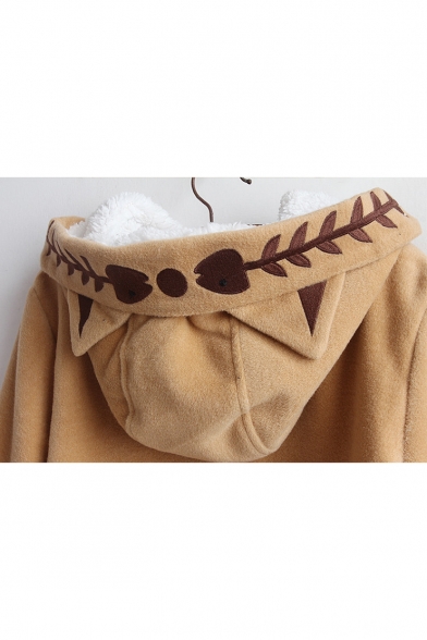 Lovely Cat Fish Bone Embroidered Long Sleeve Toggle Button Front Camel Woolen Coat