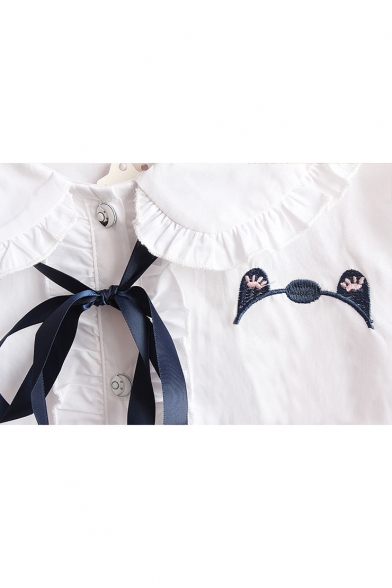 Lovely Ruffle Trimmed Peter-Pan Collar Bow-Tied Neck Cat Claw Embroidered Long Sleeve Button Down White Shirt