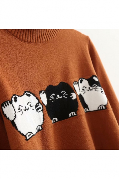 Lovely Three Cat Printed Mock Neck Long Sleeve Pullover Cozy Sweater