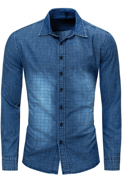 Men's Lapel Collar Long Sleeve Button Down Classic Plain Blue Cotton Slim Chambray Shirt