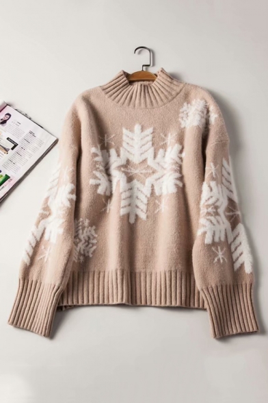 New Arrival Long Sleeve Mock Neck Snowflake Printed Knit Sweater