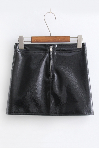 New Arrival Street Style Black Zip Back Solid PU Mini Bodycon Skirt