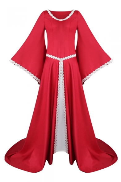 New Arrival Vintage Medieval Cosplay V-Neck Bell Sleeve Lace-Trimmed Floor Length Dress