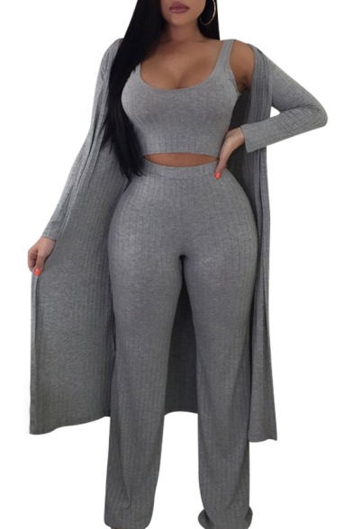 New Fashion Scoop Neck Sleeveless Tank Elastic Waist Pants with Open Front Coat Three Piece Plain Gray Co-ords