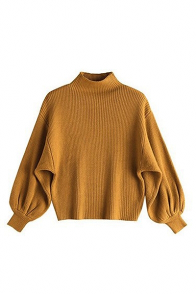 Plain Long Lantern Sleeve Mock Neck Oversize Casual Sweater