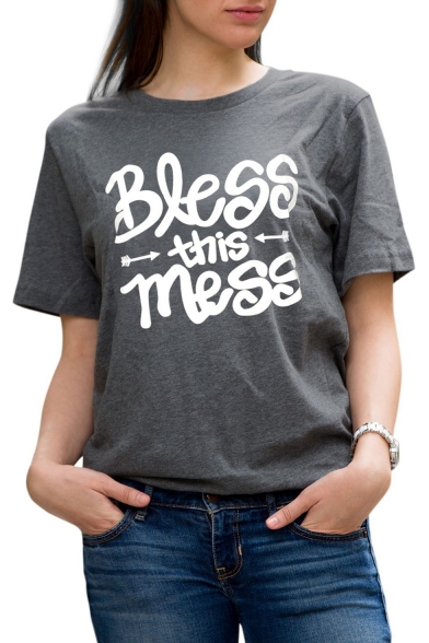 Popular Gray BLESS THIS MESS Round Neck Short Sleeve Women's Casual Tee