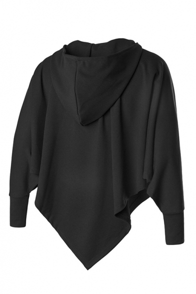 Punk Style Long Sleeve Plain Oversize Asymmetrical Hem Batwing Half Zip-Up Black Hoodie