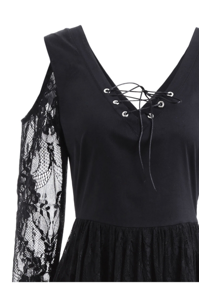 Retro Black V-Neck Cold Shoulder Long Sleeve Chic Lace-Panneled A-Line Asymmetrical Dress