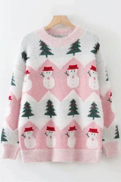 Round Neck Long Sleeve Snowman Tree Printed Leisure Mohair Sweater