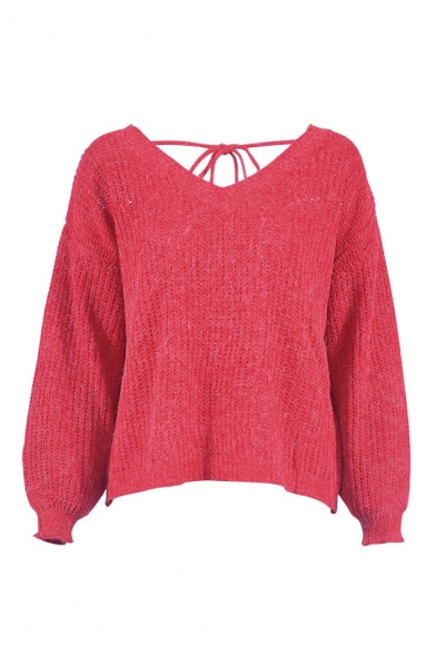 Solid Long Sleeve V Neck Loose Soft Leisure Knit Sweater