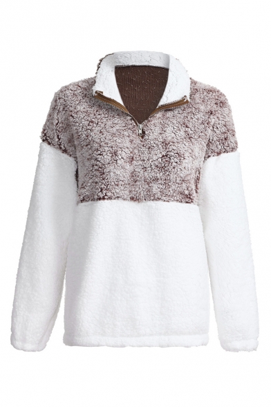 Stand Collar Half-Zip Fashion Two-Tone Patched Elbow Long Sleeve Khaki Sweatshirt