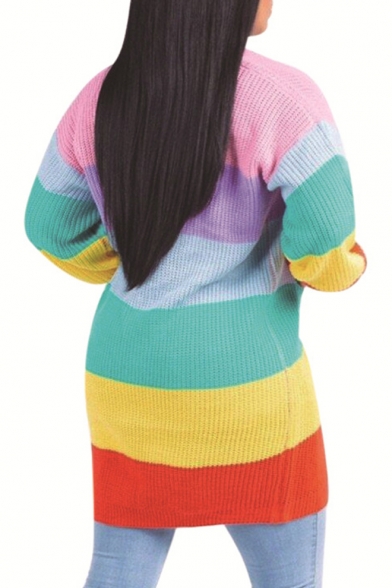 Trendy Rainbow Striped Print Long Sleeve Open Front Cardigan with Pockets