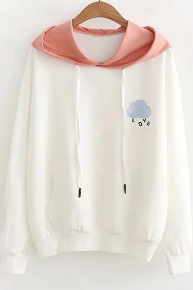 White Cute Cloud Embroidered Long Sleeve Colorblock Hoodie