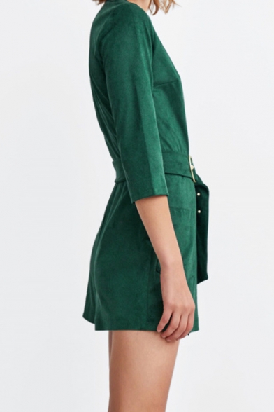 Women's Simple Solid Green V-Neck Wrap Front Belted Double Pockets 3/4 Sleeve Slim Romper