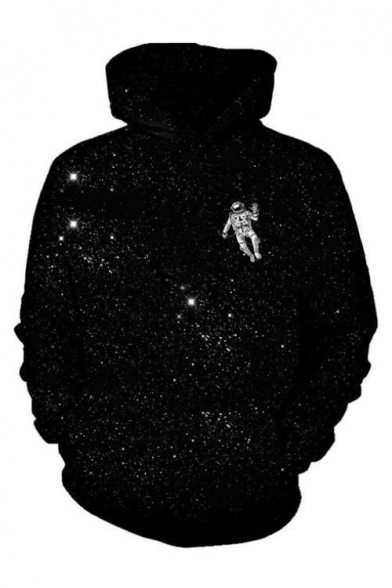 3D Galaxy Astronaut Printed Long Sleeve Black Relaxed Hoodie
