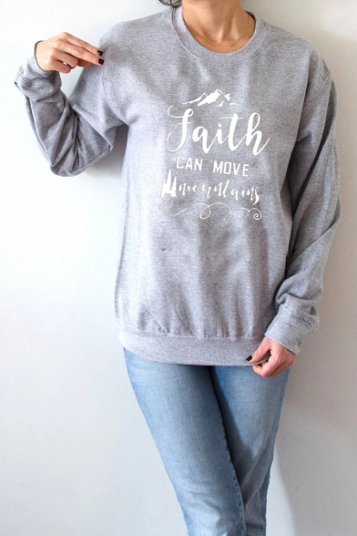 Best Long Sleeve Round Neck Mountain Letter FAITH Printed Loose Girl's Sweatshirt