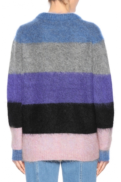 Blue Colorblock Long Sleeve Round Neck Tunics Loose Mohair Sweater