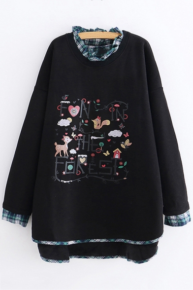Cartoon Embroidered Fashion Plaid Patched Long Sleeve Round Neck High Low Hem Sweatshirt