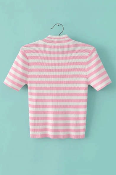 Chic Letter UNIF Embroidered Mock Neck Short Sleeve Striped Print Cropped Knit T-Shirt