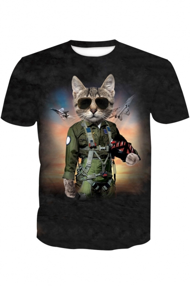 Cool 3D Cartoon Cat Pattern Round Neck Short Sleeve Black Fitted T-Shirt