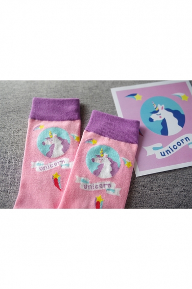 Creative Funny Cartoon Unicorn Printed Colorblock Cotton Pink Socks