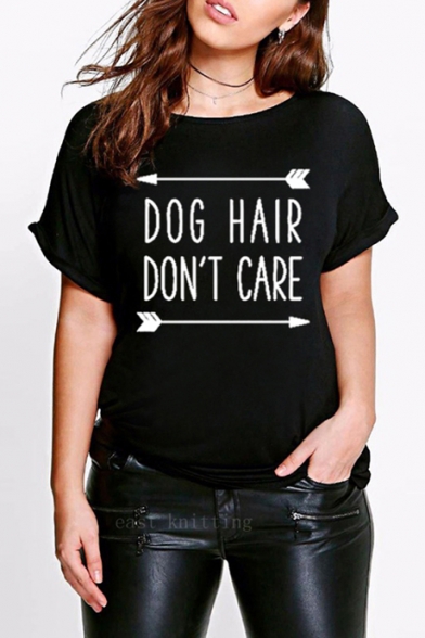 Letter DOG HAIR DON'T CARE Printed Short Sleeve Round Neck Loose Black Cotton Tee
