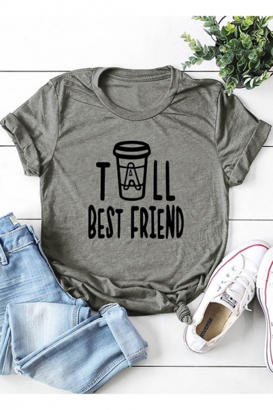 Leisure Short Sleeve Round Neck Letter BEST FRIEND Printed Fitted Tee