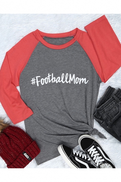 Letter FOOTBALL MOM Color Block Long Sleeve Casual Loose Gray T-Shirt