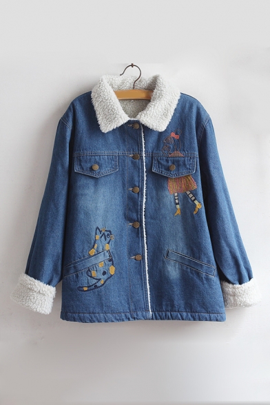 Lovely Cartoon Cat Embroidered Long Sleeve Single Breasted Lamb Wool Denim Jacket