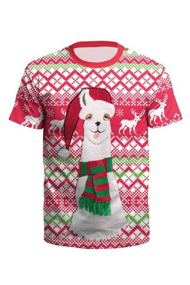 Lovely Cartoon Christmas Deer Printed Round Neck Short Sleeve Red Fitted T-Shirt