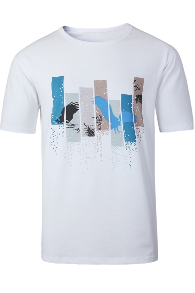 Men's White Round Neck Short Sleeve Fashion Printed Fitted Cotton T-Shirt