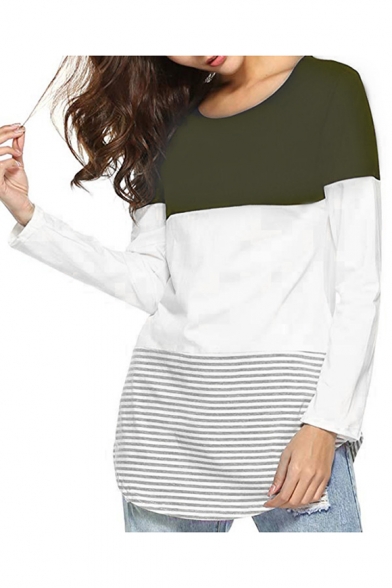 New Arrival Colorblock Stripes Printed Long Sleeve Round Neck Leisure Tee