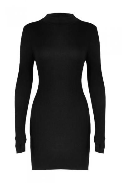 New Arrival Mock Neck Glove Long Sleeve Basic Solid Mini Slim Sweater Dress