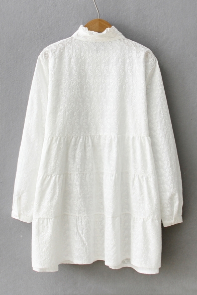 New Arrival Ruffle Hem Chic Embroidered Stand Collar Long Sleeve Button Front White Shirt