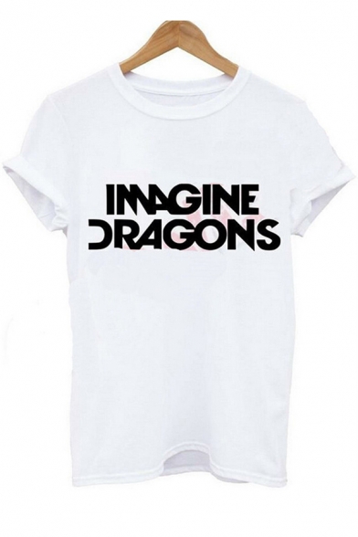 New Arrival Short Sleeve Round Neck Letter IMAGINE DRAGONS Printed Top for Girls