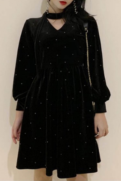 Polka Dot Printed Long Sleeve V Neck Black Velvet Mini A-Line Dress