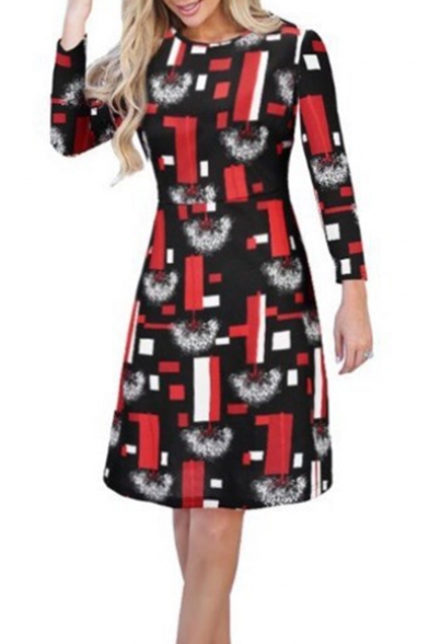 Pop Fashion Black Geo Print Round Neck Long Sleeve Mini Tee Dress