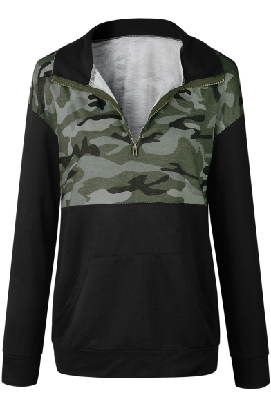 Popular Army Green Half-Zip Placket Camo Patchwork Women's Pullover Sweatshirt
