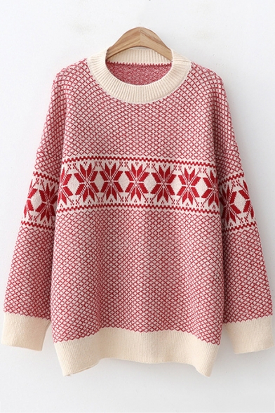 Retro Cozy Long Sleeve Round Neck Plaid Jacquard Relaxed Sweater for Girls