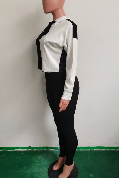 Sexy Colorblock Long Sleeve Crop Top Skinny Plain Elastic Waist Pants Black Co-ords