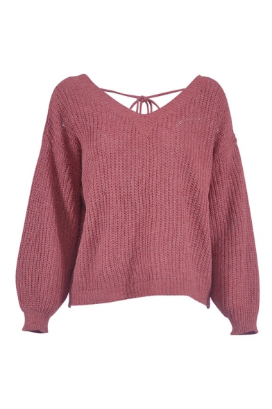 Solid Long Sleeve V Neck Loose Soft Leisure Knit Sweater