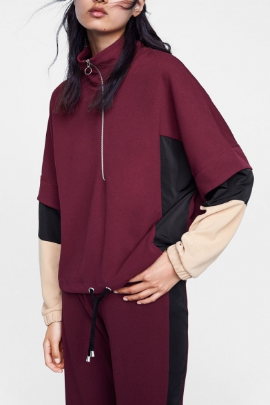 Sports Long Sleeve Stand Collar Colorblock Patched Zip Front Burgundy Sweatshirt