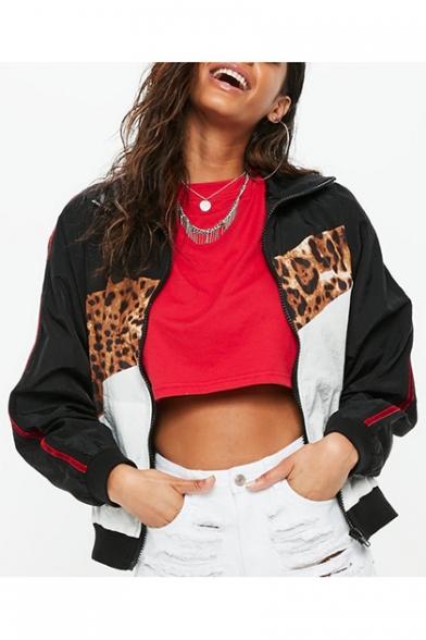 Sporty Black and White Leopard Pattern Patchwork Zip Front Gathered Waist Track Jacket