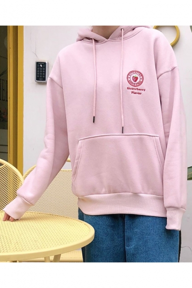 

Strawberry Embroidered Long Sleeve Casual Hoodie for Girls, Black;pink