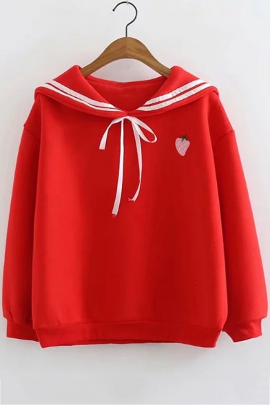 Strawberry Embroidered Long Sleeve Navy Collar Loose Pullover Sweatshirt